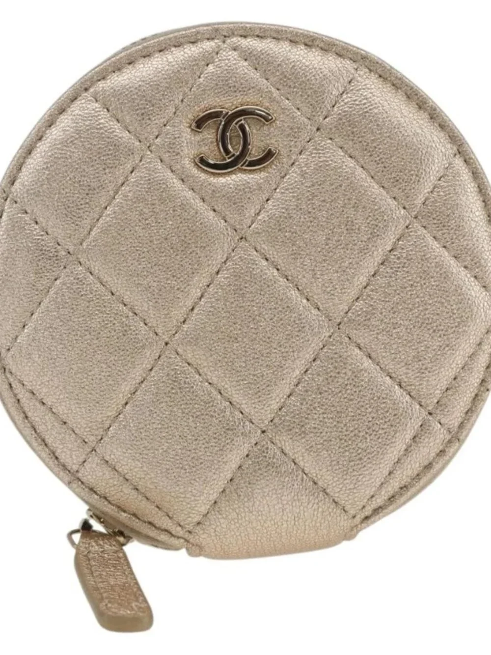 CHANEL Matelasse Earphone case Pouch Leather Champagne Gold CC Auth 163737SAM